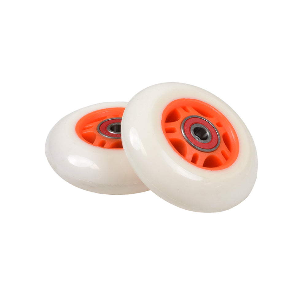 76 mm Scooter Wheels with Bearings (Set of 2) shown close-up, highlighting the white and orange wheels with their circular design. Includes two wheels, spacers, and bearings, suitable for various kick scooters and Ripstik models.