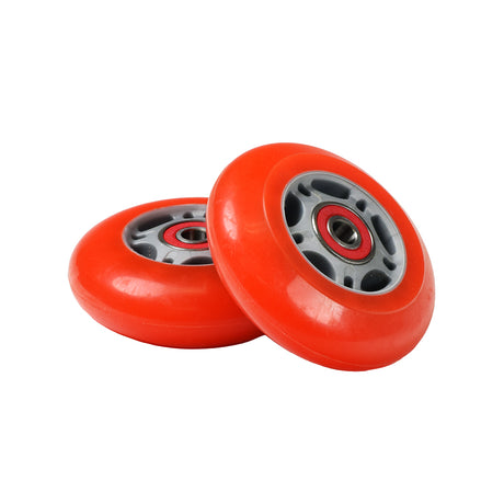 76 mm Scooter Wheels with Bearings (Set of 2) showing a close-up of two red wheels, each including a spacer and two bearings, suitable for various kick scooters and Razor RipStik models.