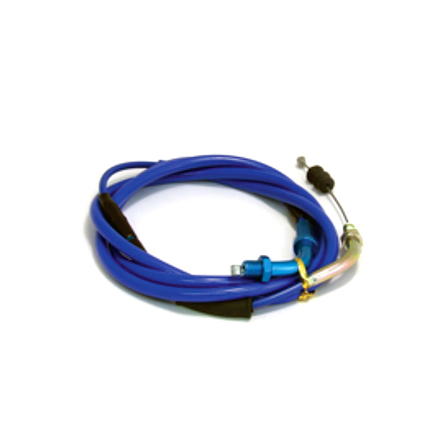 76 Throttle Cable for Scooters, featuring a blue hose with a black rubber connector and a screw attachment, compatible with GY6 125cc, 150cc, and QMB139 Chinese scooter engines.