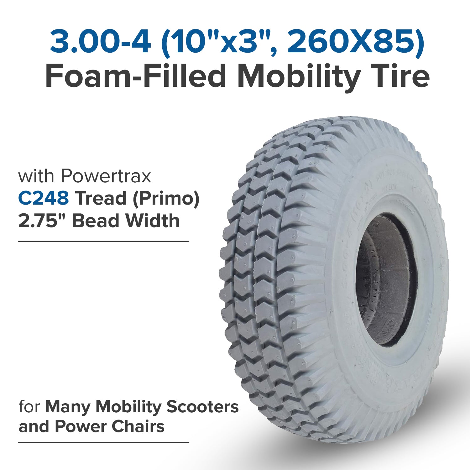 3.00-4 (10"x3", 260x85) Foam-Filled Gray Tire for the ActiveCare Pilot (2310/2410) Scooters & ActiveCare Power Chairs