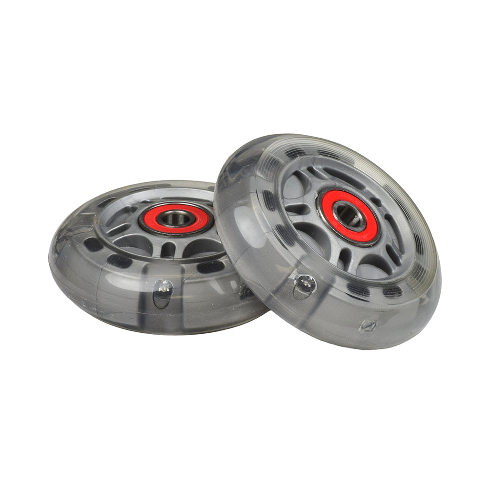 76 mm (3 x 1) Light-Up Scooter Wheels with Bearings (Set of 2) featuring red centers and clear tire parts that flash red, green, and blue lights. Suitable for Razor Ripstik® caster boards and mobility scooters.