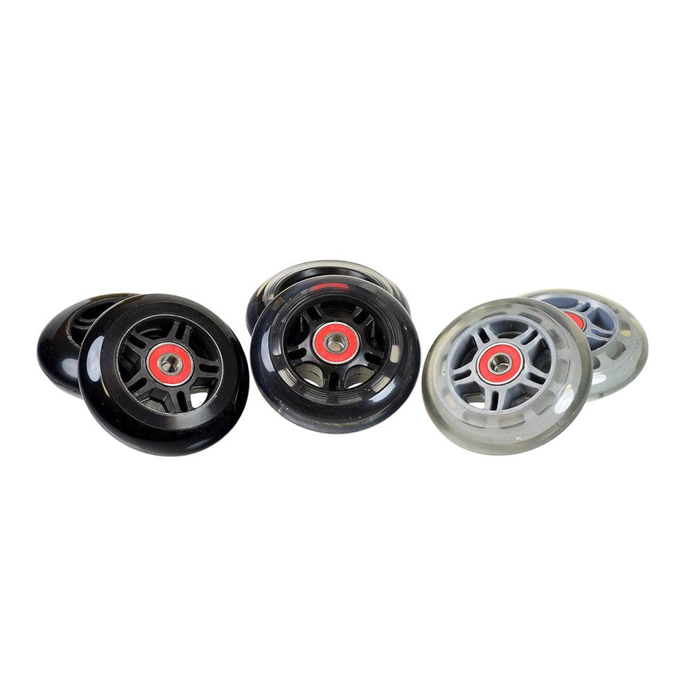 80 mm Rear Wheels with Bearings for the Micro Mini & Micro Maxi Kick Scooter, showing a group of black and grey wheels arranged together, highlighting the close-up details of the durable construction and bearings.