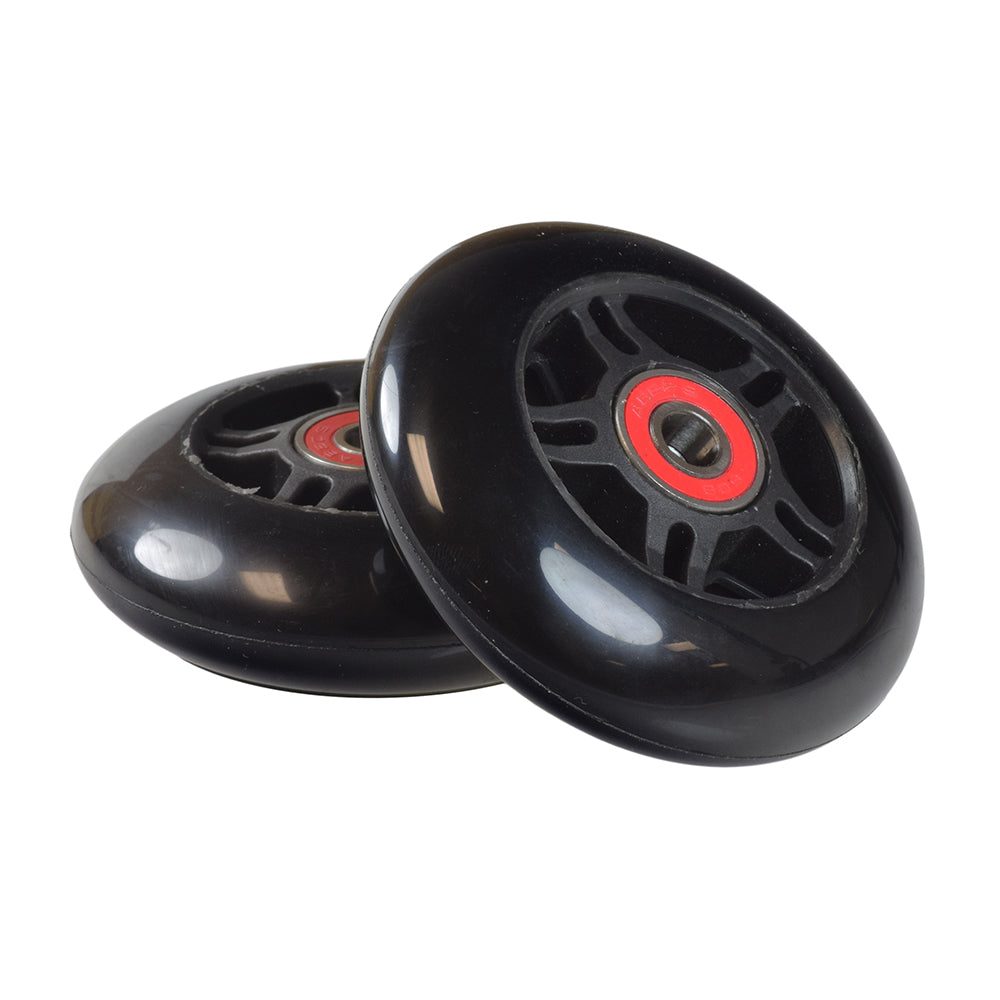 80 mm Rear Wheels with Bearings for the Micro Mini & Micro Maxi Kick Scooter, showing a pair of black wheels with visible bearings, designed for durable performance and easy replacement on kids' scooters.