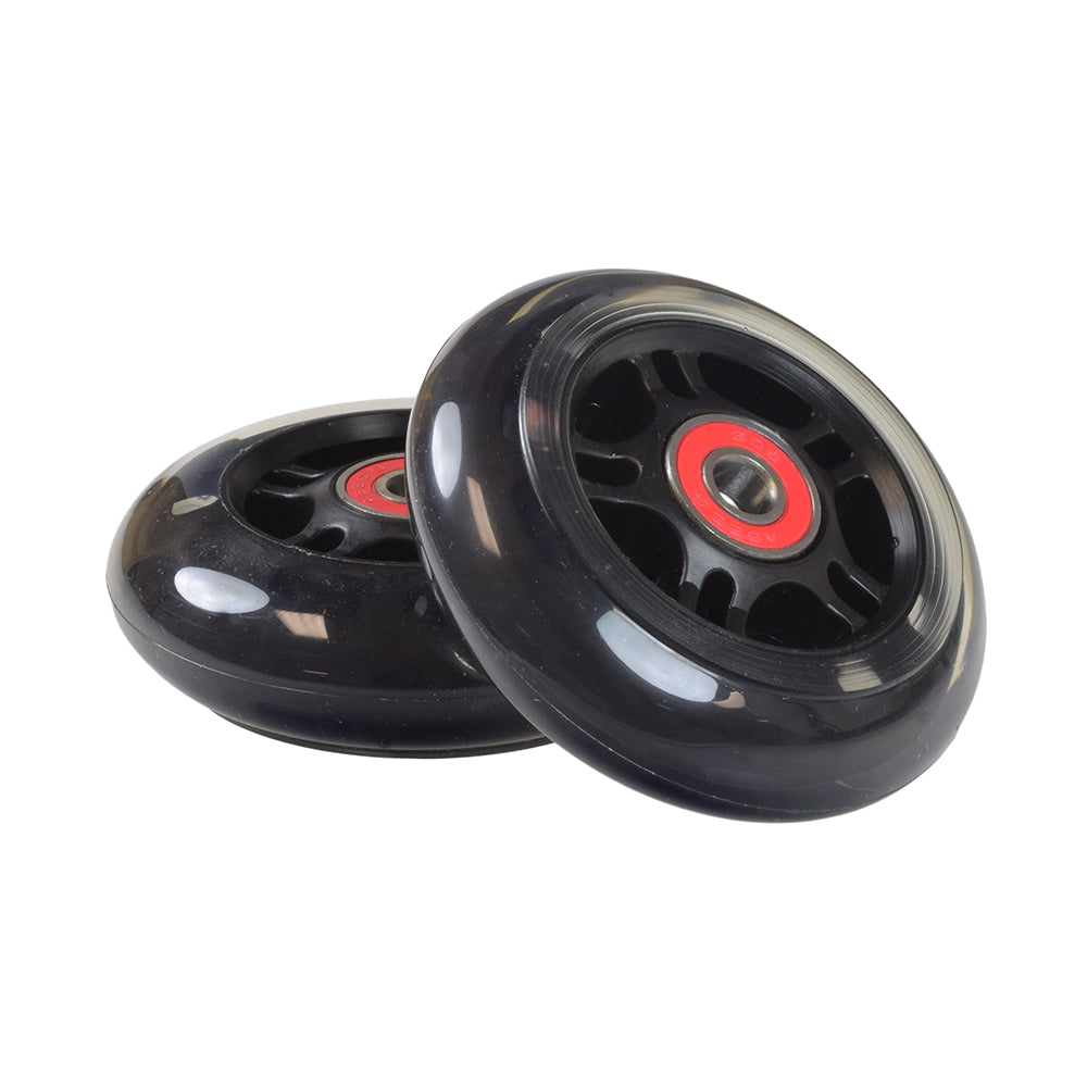 80 mm Rear Wheels with Bearings for the Micro Mini & Micro Maxi Kick Scooter, featuring a pair of black wheels with red centers and included bearings.