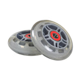 80 mm Rear Wheels with Bearings for the Micro Mini & Micro Maxi Kick Scooter, featuring a close-up of two grey wheels with visible bearings, designed for durability and smooth rides.