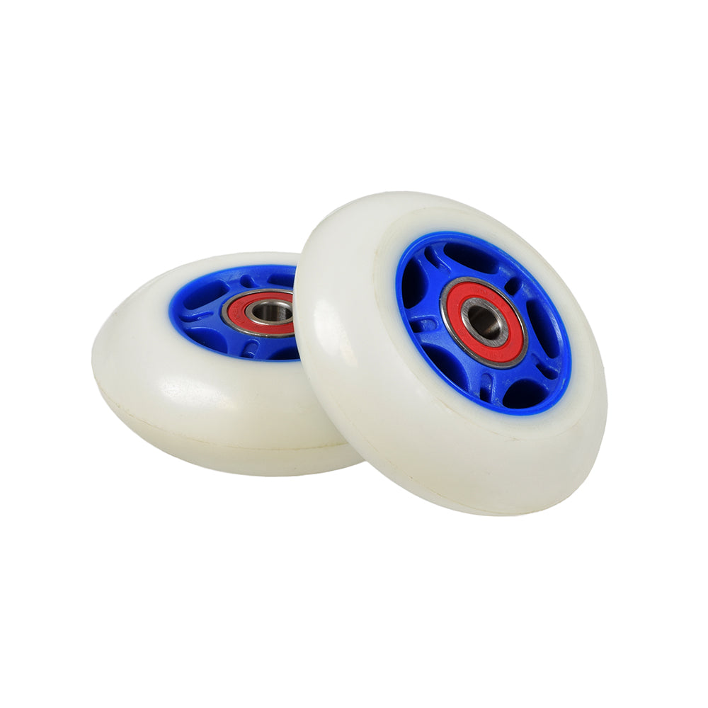 76 mm Wheels for the Razor FlashRider 360 and RipRider 360 (Set of 2), featuring white and blue design, pre-assembled with 608 bearings and wheel spacers, perfect for smooth, fast drifting maneuvers.