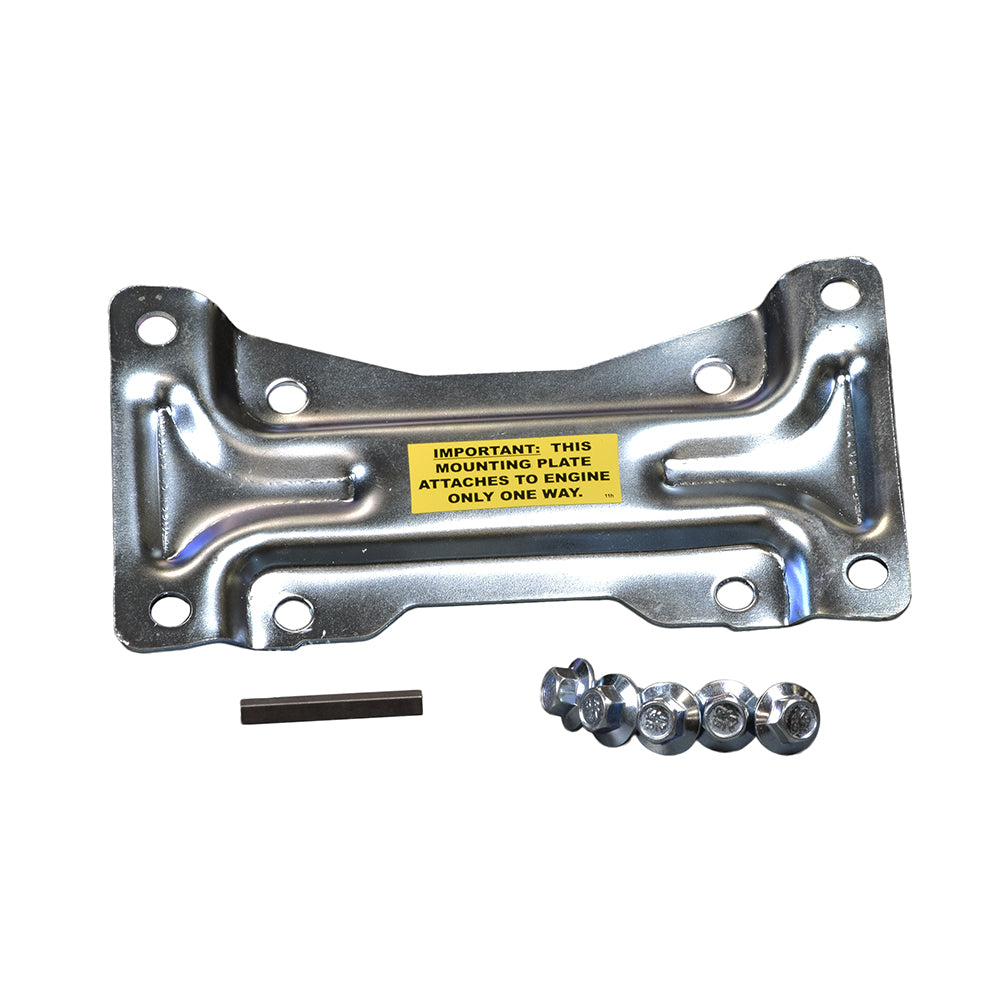 Replacement 79cc 3 HP Engine for the Monster Moto / Mega Moto MM-K80R Go-Kart, shown with a metal plate, screws, bolts, and a sticker, highlighting its durable build and user-friendly features.