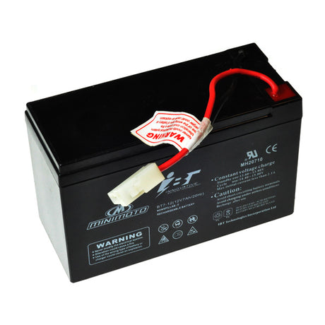 7 Ah 12 Volt Battery for the Minimoto Hybrid, black with a red and white cable, designed as a sealed lead acid (SLA) absorbed glass mat (AGM) battery for electric bicycles.