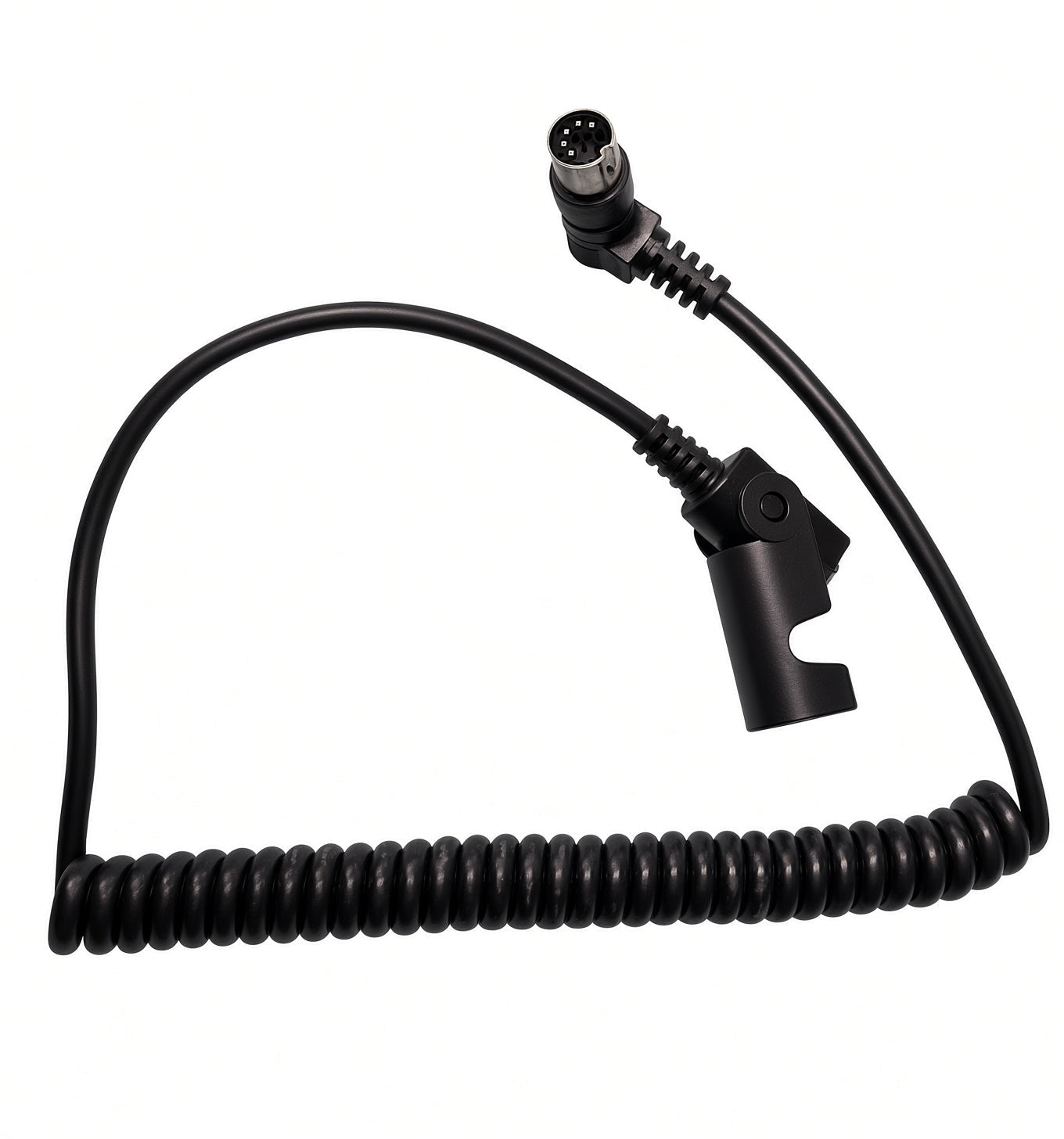 A black coiled cable with a multi-pin electrical connector on one end and a mounting clip on the other, shown on a plain white background.