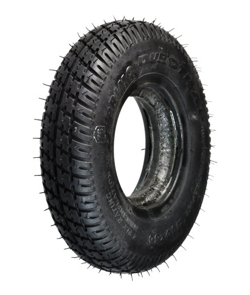 8x2 (200x50) Black Foam-Filled Mobility Tire with C9210 Durotrap Knobby Tread, showing a close-up of the tire's detailed tread pattern and central hole.