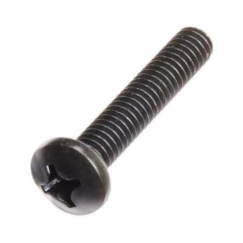 8-32x.75 Black Pan Head Machine Screw (SCRPPH1080) in close-up, showcasing its threaded metal body and rounded head, designed specifically for securing the footrest frame on Jazzy and Quantum power chairs.