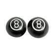 8-Ball Valve Stem Cap Set, featuring a pair of black caps resembling pool balls with white numbers, designed to replace standard valve caps and add a personalized touch to pneumatic tubes and tires.