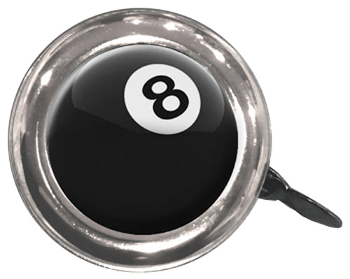 Close-up of a Swell Bell Chrome Bicycle & Scooter Bell featuring an 8-ball design, showcasing its black and white billiard ball appearance with a clean, crisp number 8 on the front.