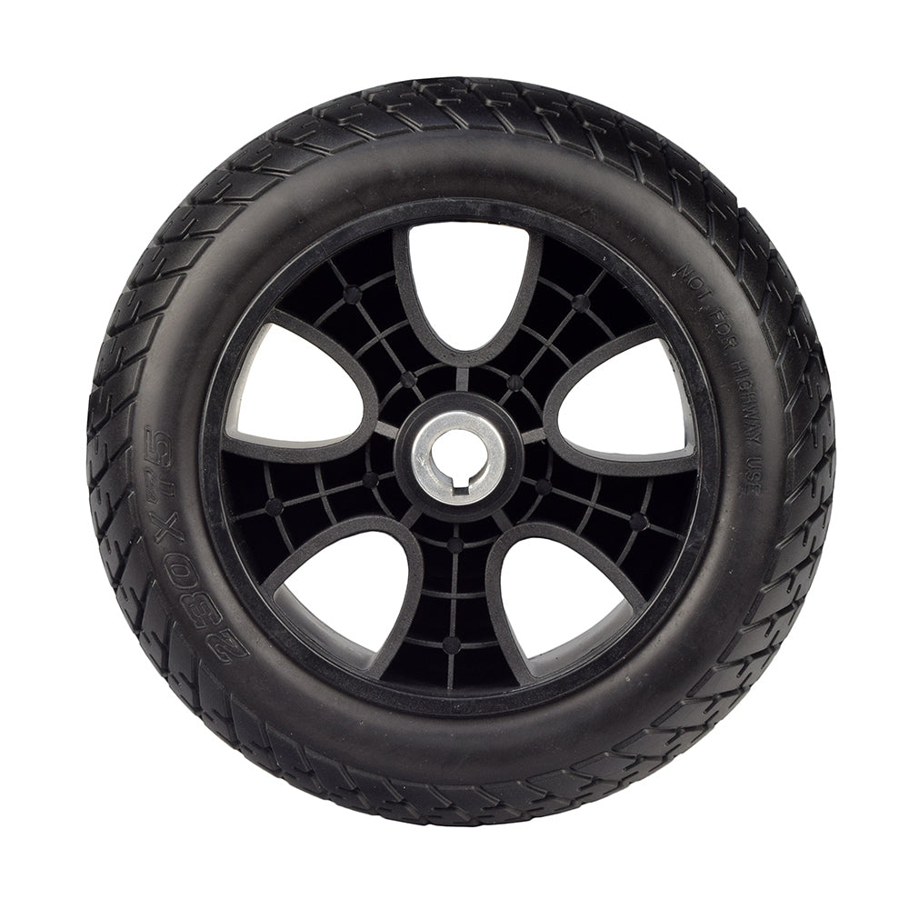 9x3 Flat-Free Rear Wheel Assembly for the Drive Phoenix HD Mobility Scooter, featuring a black tire with a black rim, designed for both 3-wheel and 4-wheel versions of the Phoenix HD.