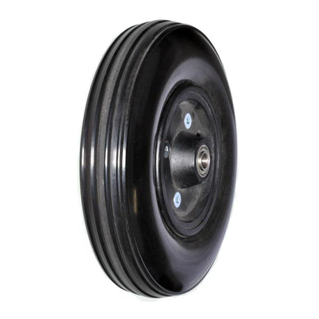 8x2 (200x50) Solid Front Wheel Assembly for the Drive Hawk (S375) Mobility Scooter, featuring a black wheel with a metal center, shown in a close-up view.