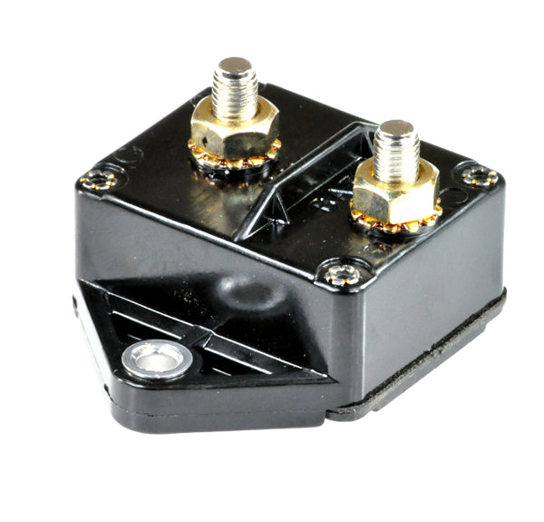 80 Amp Circuit Breaker with Screw Terminals for mobility scooters and power chairs, featuring a sleek black and gold design, ensuring reliable electrical protection and performance.