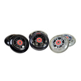 80 mm Scooter Wheels with Bearings (Set of 2) featuring black and grey wheels, close-up of detailed wheel design, including two wheel spacers and four ABEC-5 608ZZ or 608-2RS bearings per set.