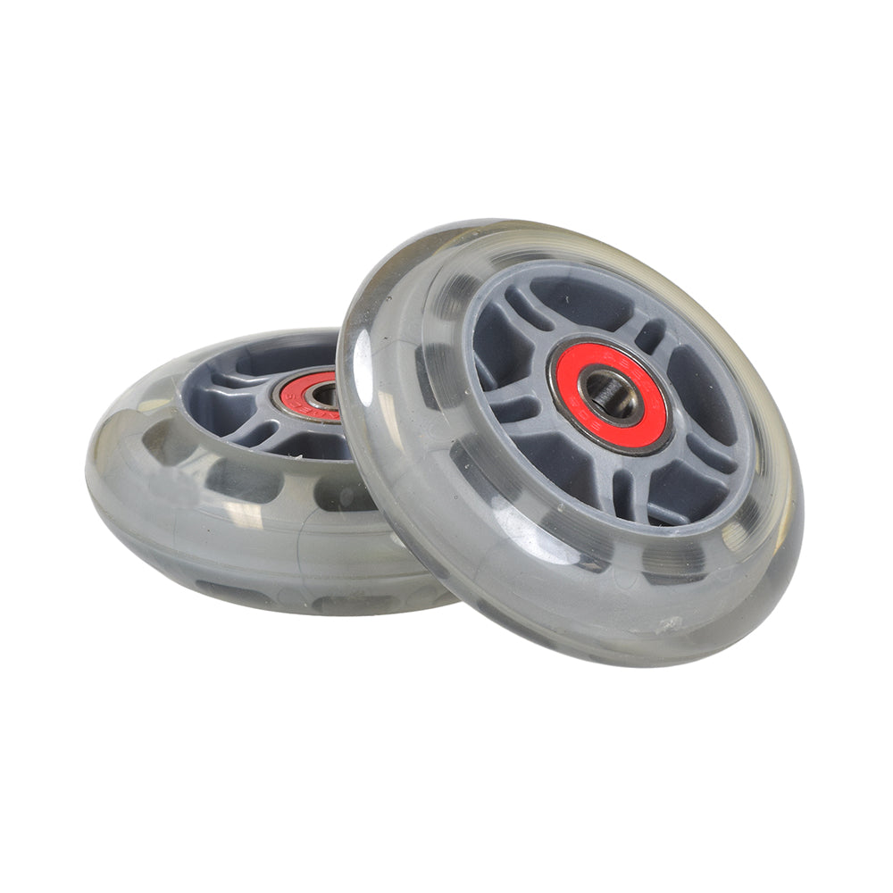 80 mm Scooter Wheels with Bearings (Set of 2) showing a pair of grey wheels, with close-ups highlighting the wheel bearings and spacers included.