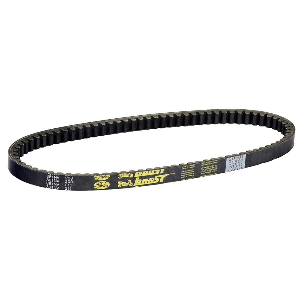 805-18-28 Gates Powerlink Scooter CVT Belt for Aprilia, Derbi, Gilera, and Piaggio 50cc street scooters, featuring a durable black belt design with yellow text.