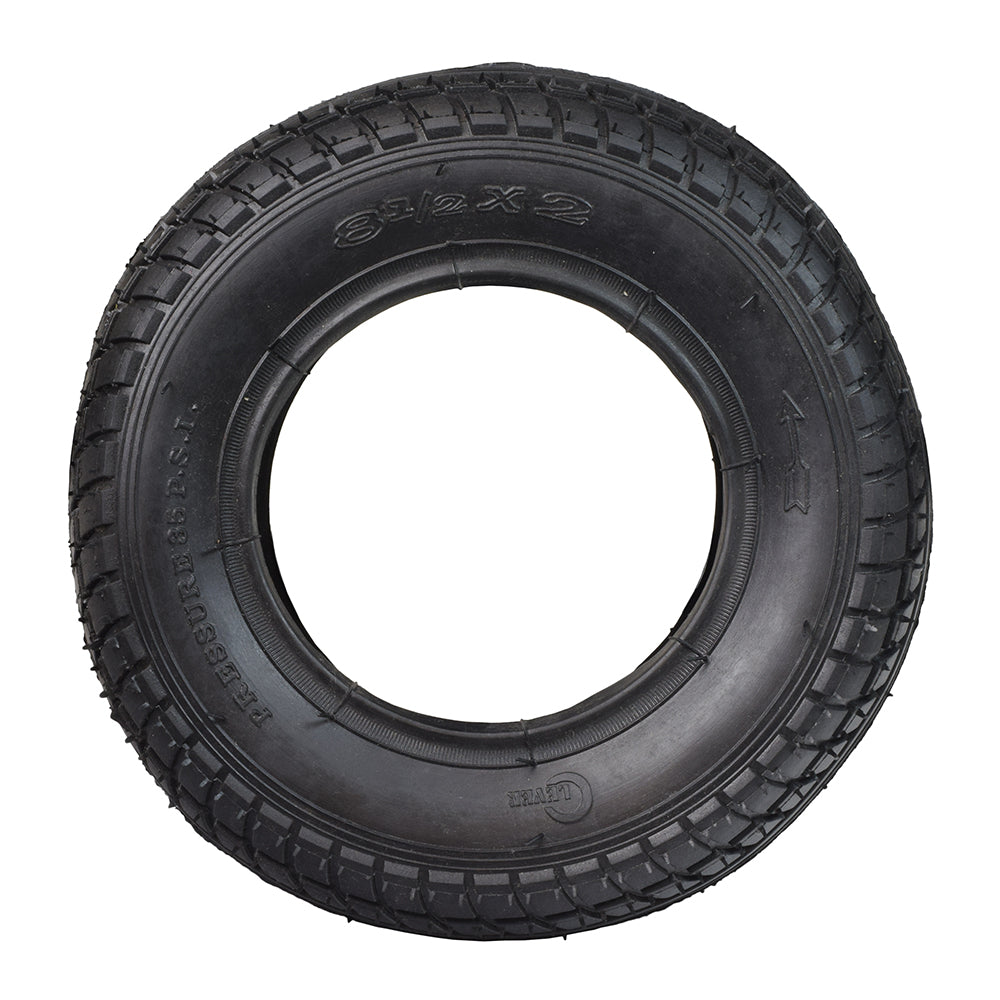 8-1/2x2 (50-134) Pneumatic Scooter Tire with P1034 Directional Tread, close-up of black synthetic rubber tire, showcasing the intricate street-style tread pattern and embossed directional arrow.