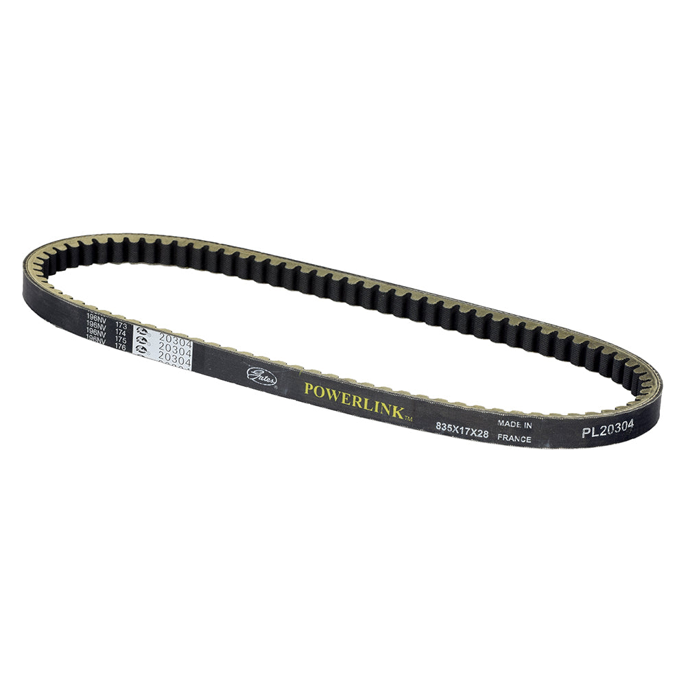 835-17-28 Gates Powerlink Scooter CVT Belt for Derbi 50cc street scooters, featuring yellow text on a black belt.