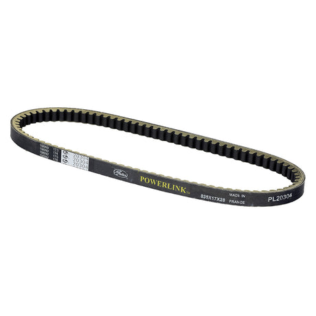 835-17-28 Gates Powerlink Scooter CVT Belt for Derbi 50cc street scooters, featuring yellow text on a black belt.