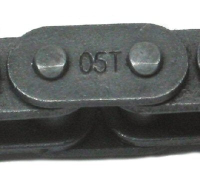 Close-up of the 84 Link 8 mm 05T Chain, showcasing its metal links and fixed length, ideal for 2-stroke scooters, pocket bikes, and ATVs, with visible chain number and bolts.