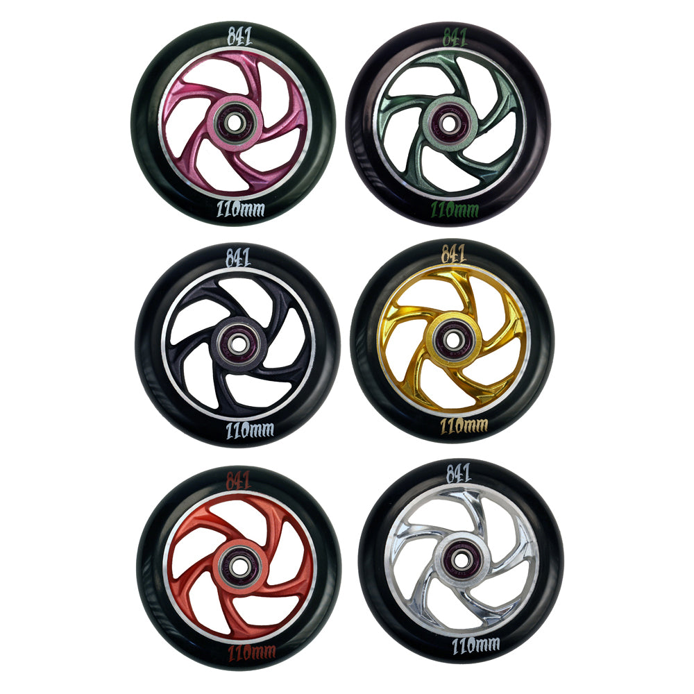 110 mm 841 5 Star Forged Scooter Wheel shown in various colors, highlighting its robust, lightweight design. Includes Titan ABEC-9 bearings and spacer for professional-grade performance.