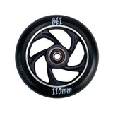 110 mm 841 5 Star Forged Scooter Wheel featuring a robust black design with white text, crafted from a single aluminum block, providing exceptional strength. Includes Titan ABEC-9 bearings and spacer.