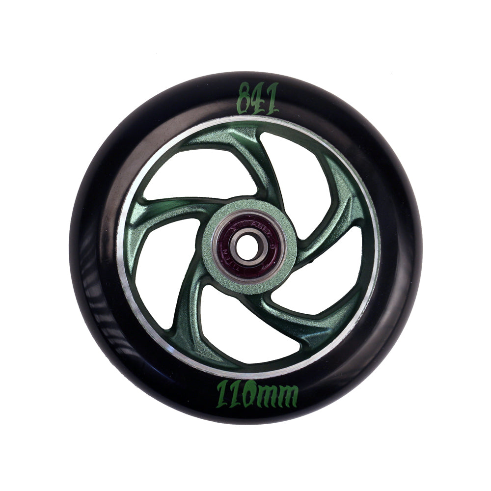 110 mm 841 5 Star Forged Scooter Wheel, featuring a solid black design with a green rim, crafted from a single block of aluminum for enhanced strength and lightness, includes Titan ABEC-9 bearings and spacer.