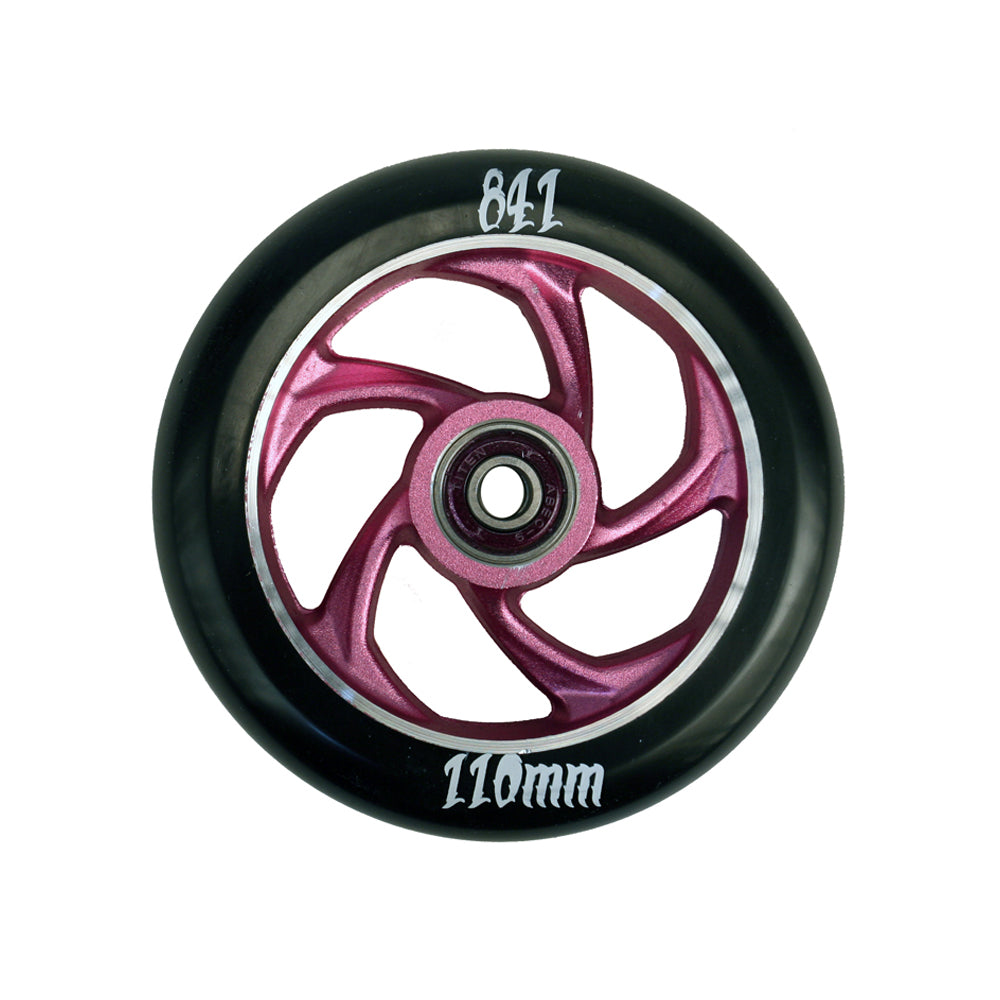 110 mm 841 5 Star Forged Scooter Wheel, black and pink, featuring white text, made from solid aluminum, pressed and forged for durability, and includes Titan ABEC-9 bearings and spacer.