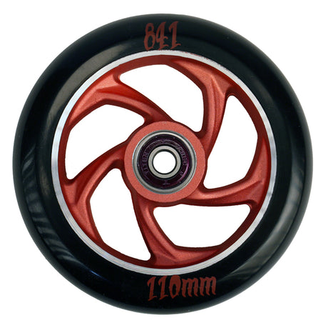 110 mm 841 5 Star Forged Scooter Wheel with red rim, designed for pro scooter riders, made from a single aluminum block, includes Titan ABEC-9 bearings and spacer.