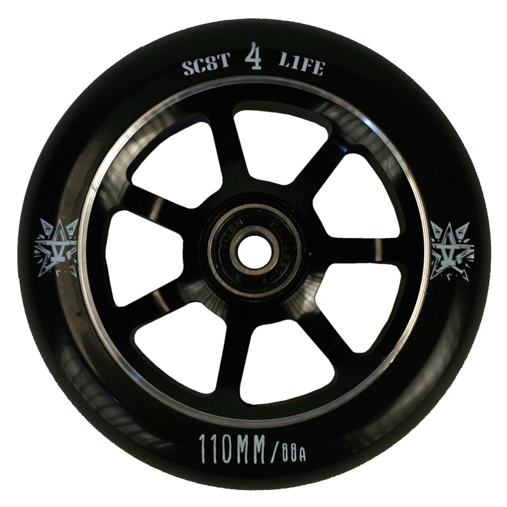 110 mm 841 Delta Pro Scooter Wheel featuring a black rim with white text, high rebound polyurethane, and a 6061 T6 aluminum spoked core, ideal for scooter customization.