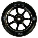 110 mm 841 Delta Pro Scooter Wheel featuring a black rim with white text, high rebound polyurethane, and a 6061 T6 aluminum spoked core, ideal for scooter customization.