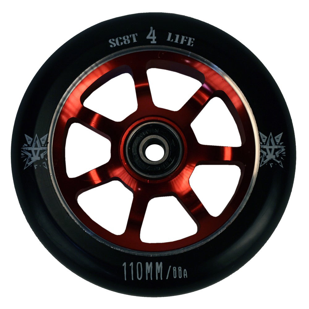 110 mm 841 Delta Pro Scooter Wheel featuring a high rebound polyurethane tire and a spoked aluminum core, designed for strength and lightness. Includes ABEC-7 bearings and spacer for customization.