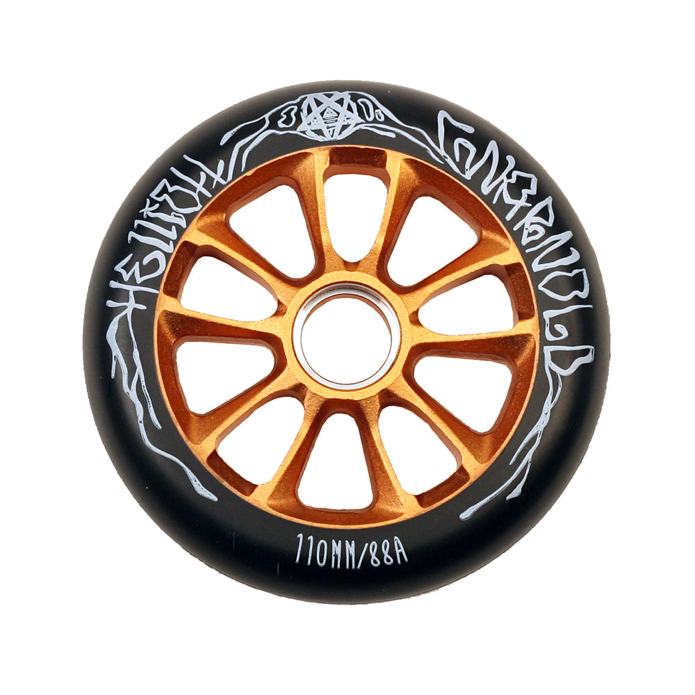 Gold 110 mm 841 Elliott Arnold Pro Scooter Wheel featuring a black center with white writing, and a gold rim. Made from durable 6061 T6 aluminum, designed for extreme scooting.