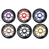 110 mm 841 Enzo Pro Scooter Wheel; a group of vibrant wheels designed with high rebound polyurethane and 6061 T6 aluminum hubs, ideal for professional scooter riders seeking superior performance and customization.