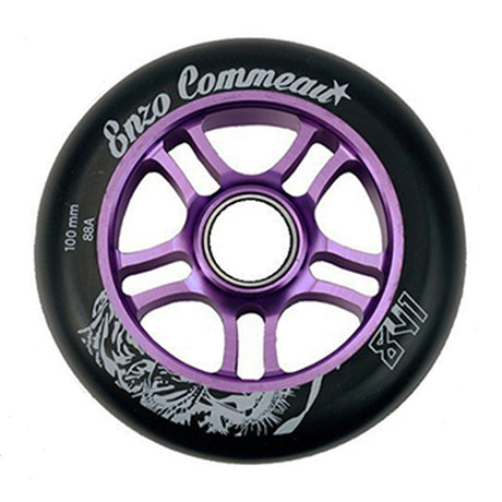 110 mm 841 Enzo Pro Scooter Wheel featuring a black and purple design with white text, made of high rebound polyurethane and 6061 T6 extruded aluminum hubs, ideal for professional scooter riders.