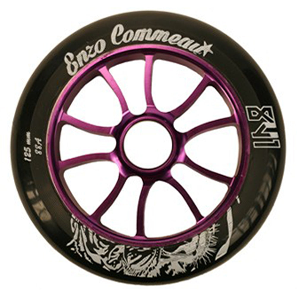 Purple 125 mm 841 Enzo Pro Scooter Wheel with black tire and purple rim, close-up view highlighting the sleek design, ideal for professional scooter customization. Bearings sold separately.