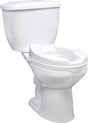 Raised Toilet Seat with Lid by Drive Medical, shown with the seat open, adds 4 inches of height for easier use. Made of heavy-duty molded plastic, ideal for those needing assistance sitting or standing.