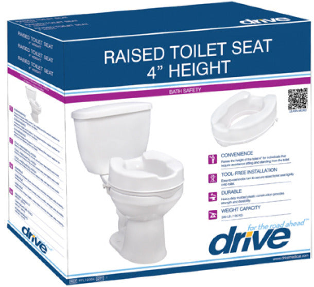 Raised Toilet Seat with Lid: A box containing the raised toilet seat with lid, alongside an open white toilet and a close-up document. Designed for easy homecare with added height and heavy-duty molded plastic.