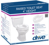 Raised Toilet Seat with Lid: A box containing the raised toilet seat with lid, alongside an open white toilet and a close-up document. Designed for easy homecare with added height and heavy-duty molded plastic.