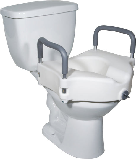 Elevated Toilet Seat with Removable Padded Arms shown attached to a standard toilet bowl, featuring padded arm handles and a secure locking mechanism for added height and safety.