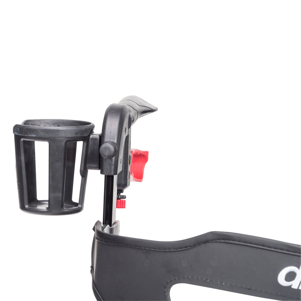 Close-up of the Universal Nitro Cup Holder attached to the Drive Nitro Sprint Rollator, showcasing its black plastic design and convenient built-in accessory mount for easy attachment.