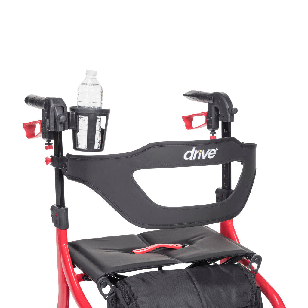 Close-up of a cup holder attached to the Drive Nitro Sprint Rollator, showcasing its built-in mount designed for Nitro products, highlighting convenience and ease of use.