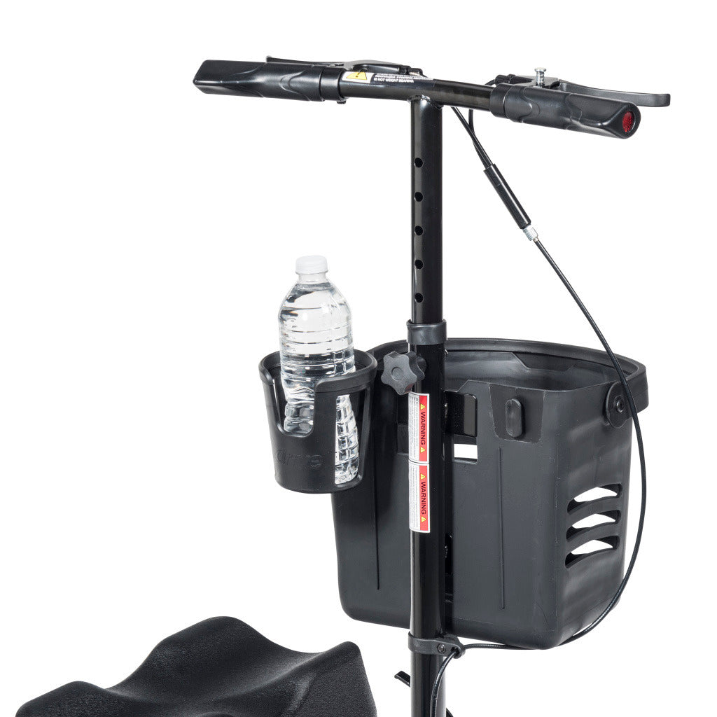 Black scooter with Universal Nitro Cup Holder attached, holding a water bottle, designed for Drive Nitro Sprint Rollator, showcasing built-in accessory mount for added convenience.