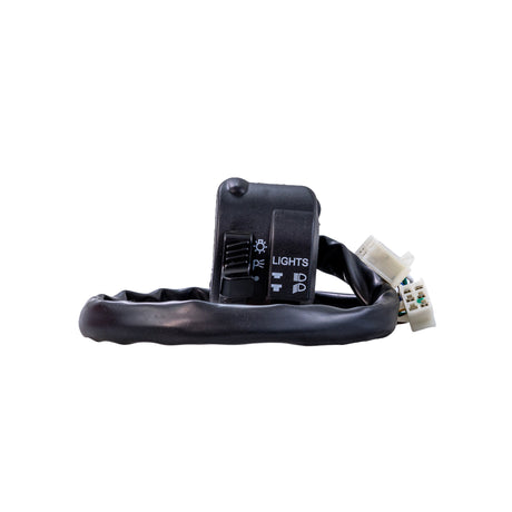 4 Function Handlebar Switch Assembly for 50cc - 250cc ATVs, showing close-up views of its switch, plug, and connector components, designed for multiple functions like start, kill, and headlight control.