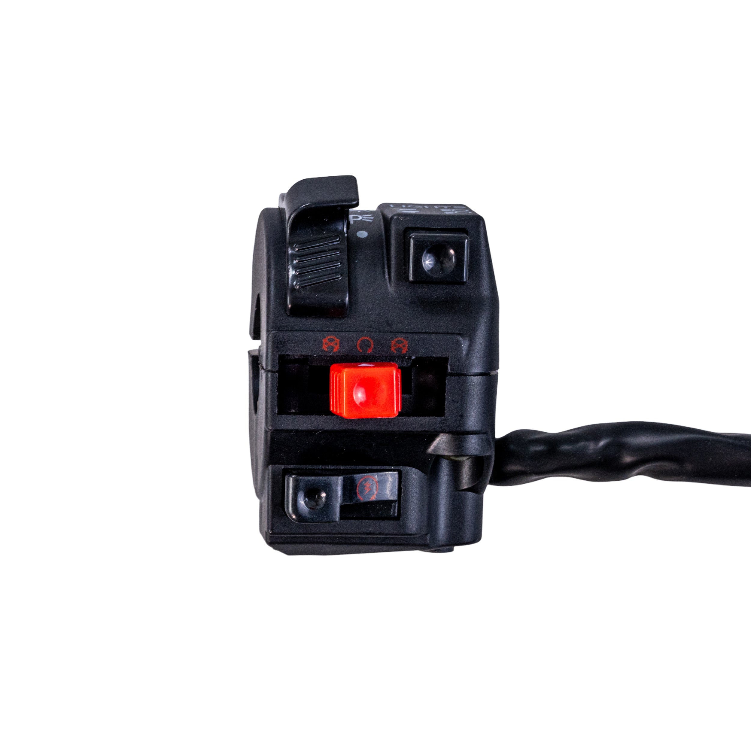 4 Function Handlebar Switch Assembly for 50cc - 250cc ATVs, showing a black switch with a red button, designed for start, kill, headlight on/off, and high/low beam controls.