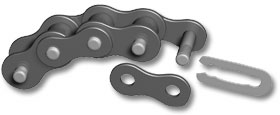 8mm 05B Open Loop Chain - 3 Feet with Master Link, showing a close-up of the metal roller chain links, suitable for gas scooters, dirt bikes, go karts, and ATVs.