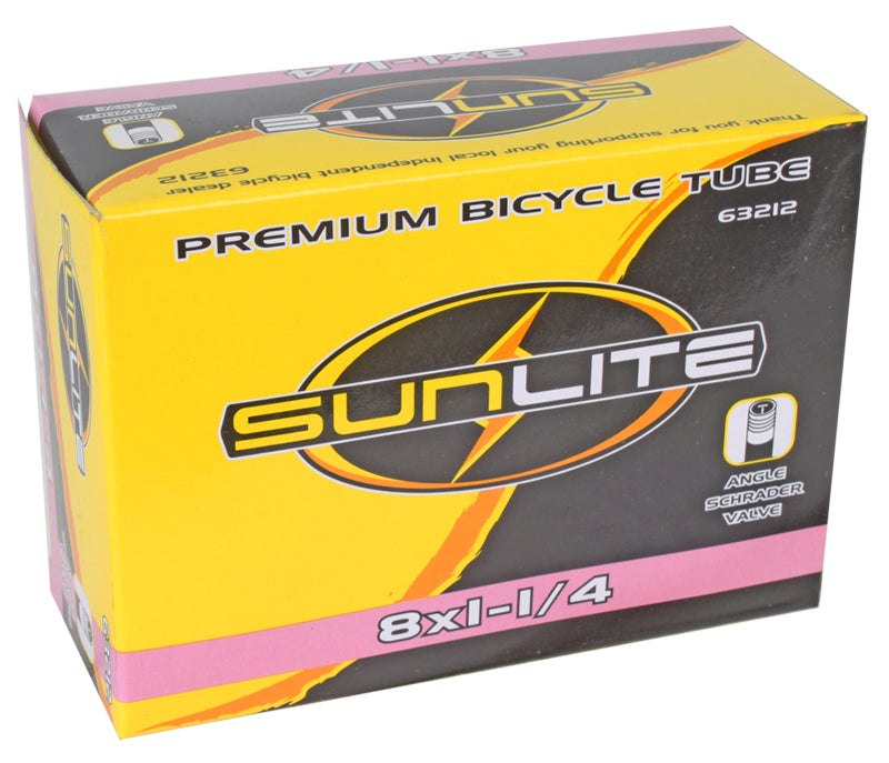 8x1-1/4 Bicycle Inner Tube with Angled Valve from Sunlite, packaged in a labeled box, ideal for replacing old inner tubes and ensuring a smooth ride.